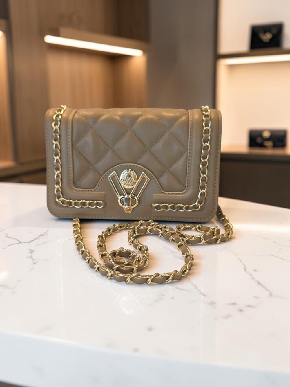 Taupe Front Flap Quilted Shoulder Bag by Valentino Orlandi